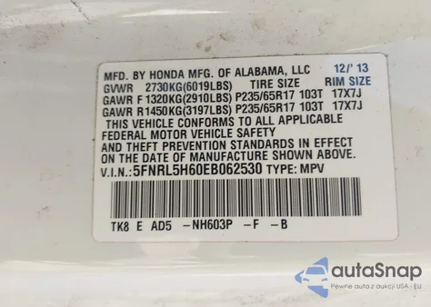 2014 Honda Odyssey Ex-L from USA, damaged, VIN 5FNRL5H60EB062530
